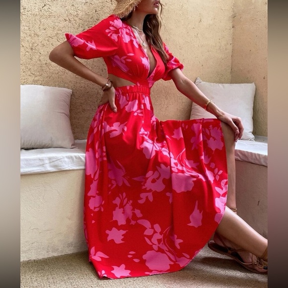 Boho red pink floral print cutout maxi dress - Picture 3 of 6
